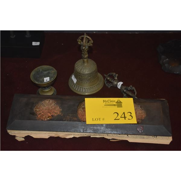 MIXED LOT: TIBETAN BELL, CANDLESTICK, VAJRA & BOOK OF SUTRA (4 PCS)