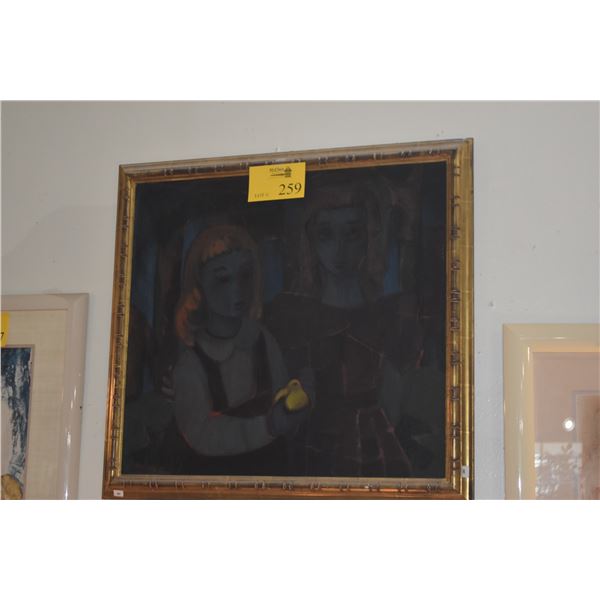 FRAMED OIL ON CANVAS, TWO GIRLS W/BIRD; SIGNED SIDNEE LIVINGSTON (27" X 25")