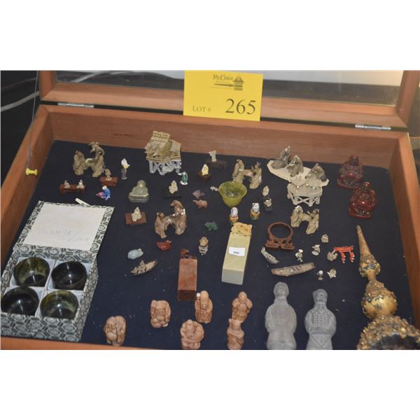 COLLECTION OF MINIATURE FIGURES, MUD MEN, CHOPS, JADE CUP, ETC. (DOES NOT INCLUDE CASE)