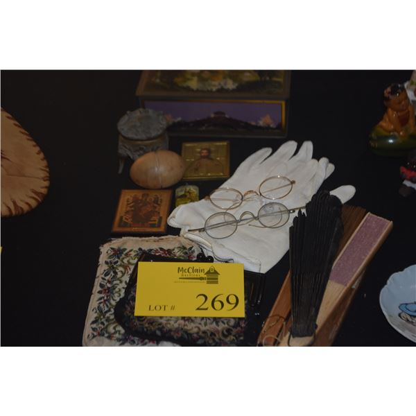 COLLECTION OF FANS, GLASSES, GLOVES, BOXES, PURSE, WOODEN EGGS, RELIGIOUS ICON, ETC. (16 PCS)