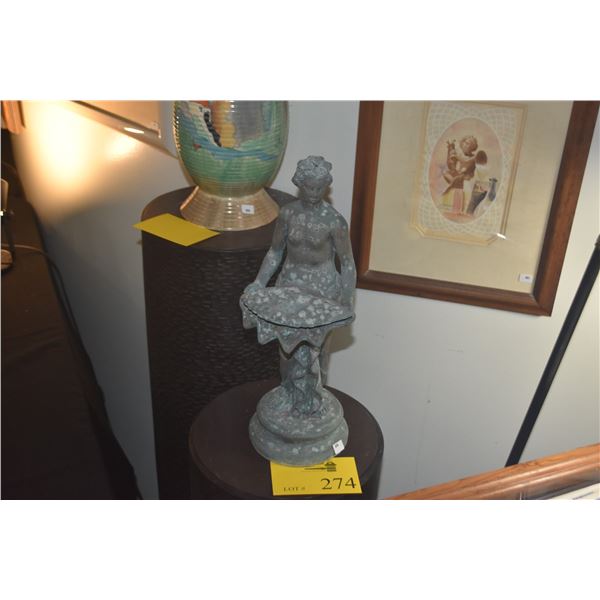 BRONZE STATUE, NUDE FEMALE HOLDING LARGE CLAM SHELL