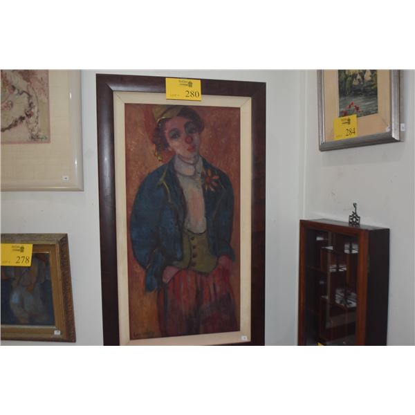 FRAMED OIL ON CANVAS, CLOWN; SIGNED SIDNEE LIVINGSTON '56 (21" X 36")