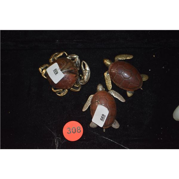 SILVER & KARAKANE BRONZE ARTICULATED TURTLES & CRAB (SIGNED) (3 PCS)