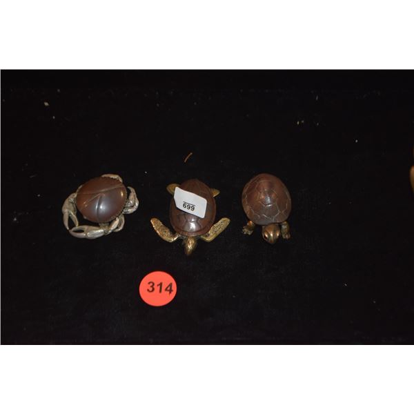 SILVER & KARAKANE BRONZE ARTICULATED CRAB & TURTLES; SIGNED (3 PCS)