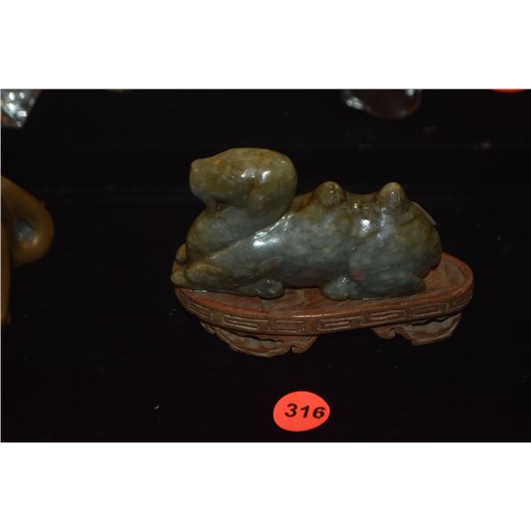 CHINESE NEPHRITE JADE CARVED CAMEL ON WOOD STAND (3 1/2")