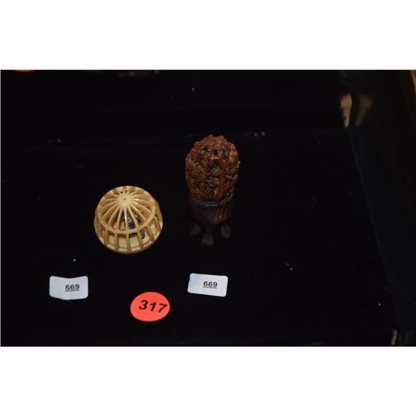 MIXED LOT: CAGED ANIMAL TOGGLE; SIGNED, & CHINESE WALNUT CARVING (2 PCS)