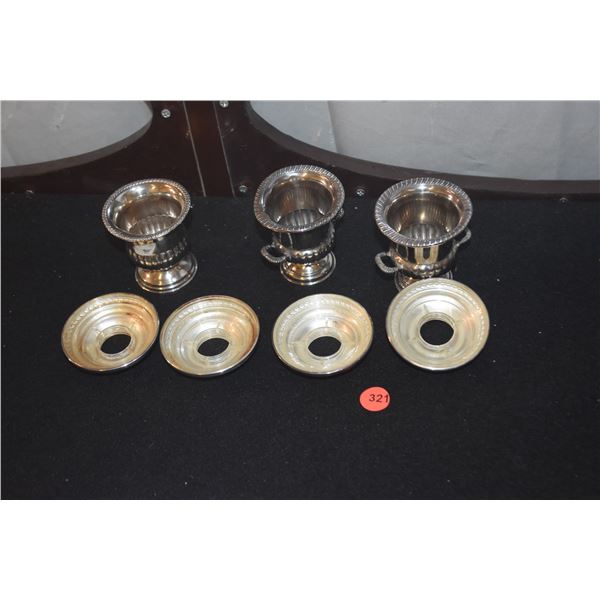 STERLING SILVER FOOTED CIGARETTE (3) URNS & STERLING SILVER BOBECHE (7 PCS)