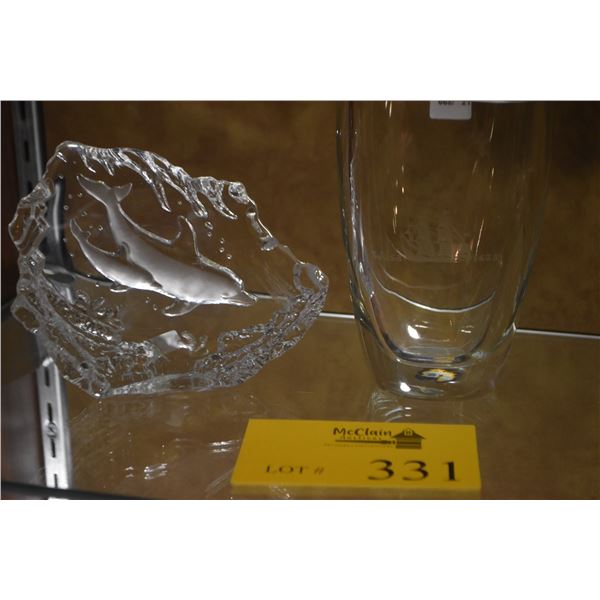 CRYSTAL DOLPHIN SCULPTURE & SWEDISH CRYSTAL VASE (2 PCS)