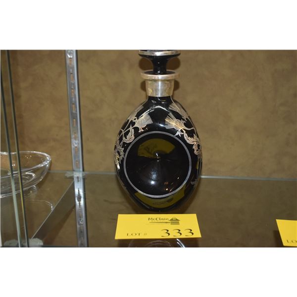 ANTIQUE CAMBRIDGE BLACK GLASS PINCHED DECANTER W/STERLING SILVER OVERLAY, THISTLE MOTIF & STOPPER