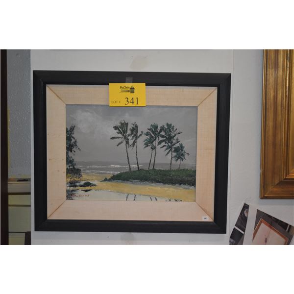 FRAMED OIL ON CANVAS, TROPICAL BEACH SCENE; SIGNED PETER HAYWARD (23" X 19")