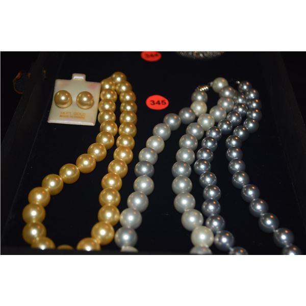 GLASS "PEARL" NECKLACES & 14K GLASS "PEARL" EARRINGS (4 PCS)