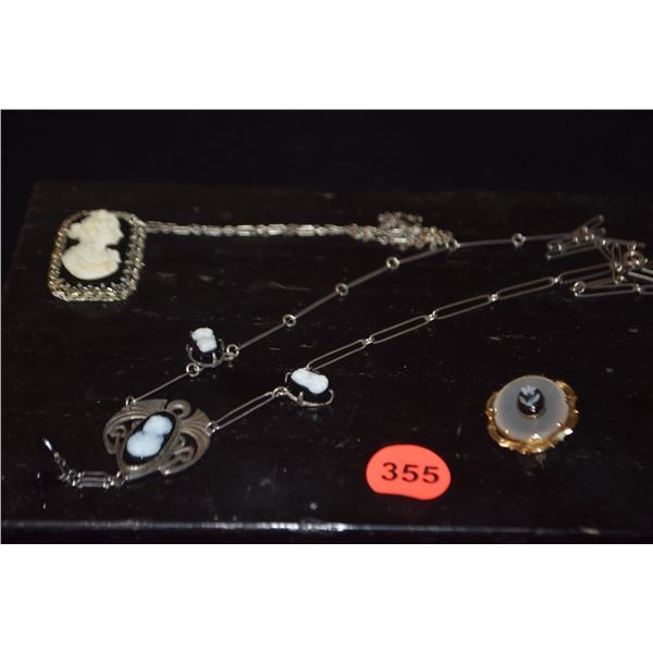 14K AGATE BROOCH & STERLING SILVER CAMEO NECKLACES (3 PCS)