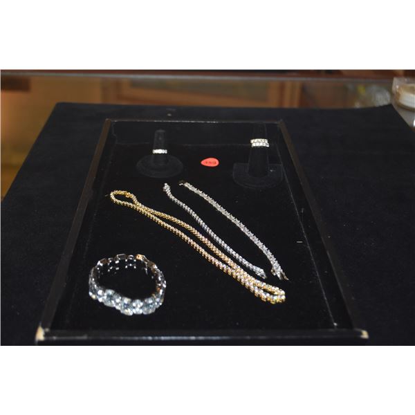 SILVER CUBIC ZIRCONIA NECKLACE, BRACELETS & RING (SOME MARKED STERLING) (65.5 GTW) (6 PCS)