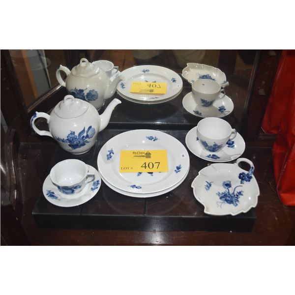 ROYAL COPENHAGEN BLUE FLOWER PATTERN TEAPOT, CUPS, SAUCERS, PLATES & DISH (8 PCS)