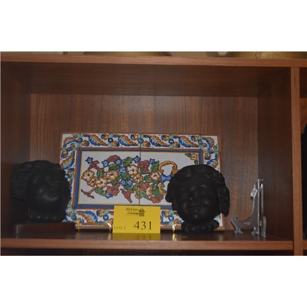 CARVED WOOD CHERUBS & HAND PAINTED CERAMIC TILE WALL HANGINGS (4 PCS) (DOES NOT INCLUDE STANDS)