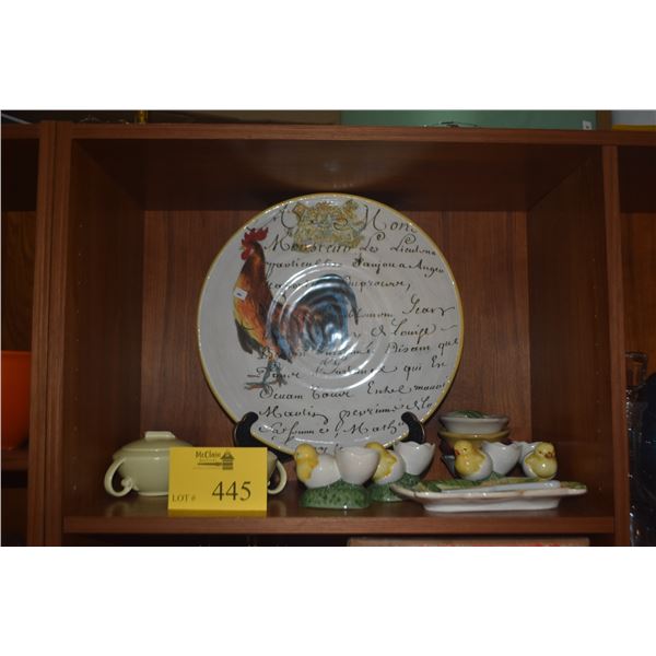WILLIAMS SONOMA ROOSTER SCRIPT CERAMIC SALAD BOWL, VERNON KILNS CREAMER & SUGAR, GUMPS EGG HOLDERS, 