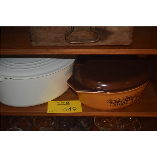 VINTAGE PYREX OLD ORCHARD PATTERN OVAL CASSEROLE DISH W/ORIGINAL BROWN LID & LE CREUSET OVAL ENAMELE