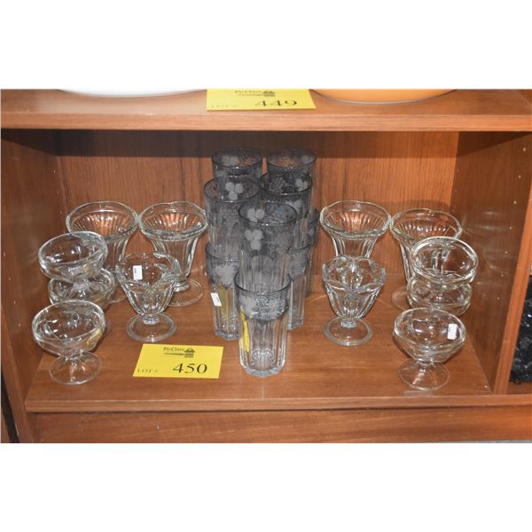 ICE CREAM DISHES & VINTAGE ETCHED GLASSES W/GRAPE & VINE MOTIF (22 PCS)