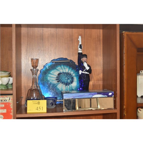 RESIN & ALUMINUM TRAY, PAINTED MIRRORED BOX, COBALT OVERLAY CUPS, GERDAME BOTTLE & DECANTER (6 PCS)