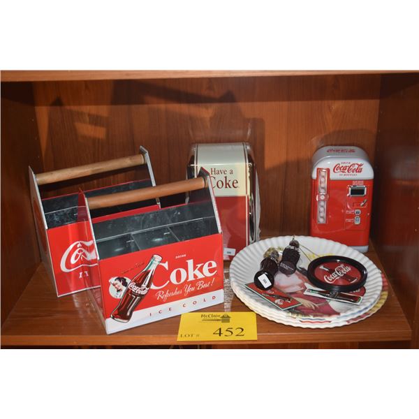COLLECTION OF COKE THEMED ITEMS: NAPKIN HOLDER, PLATES, ORNAMENTS, CADDIES, MAGNET, BOX, ETC. (18 PC
