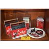 Image 1 : COLLECTION OF COKE THEMED ITEMS: NAPKIN HOLDER, PLATES, ORNAMENTS, CADDIES, MAGNET, BOX, ETC. (18 PC