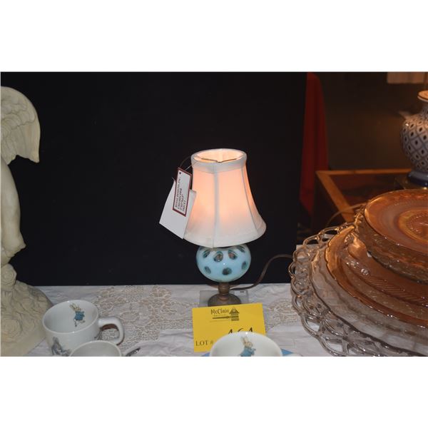 VINTAGE AQUA BLUE COIN DOT GLASS TABLE LAMP W/MARBLE BASE (11")