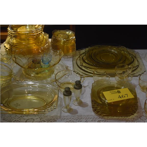COLLECTION OF AMBER DEPRESSION GLASS PLATES, BOWLS, CUPS, SAUCERS, SALT & PEPPER'S & COLORFUL SHOT G