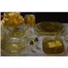 Image 1 : COLLECTION OF AMBER DEPRESSION GLASS PLATES, BOWLS, CUPS, SAUCERS, SALT & PEPPER'S & COLORFUL SHOT G