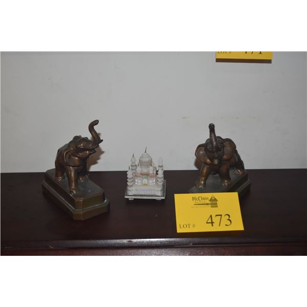 MIXED LOT: PAIR BRONZE ELEPHANTS & MINIATURE STONE TAJ MAHAL (3 PCS)