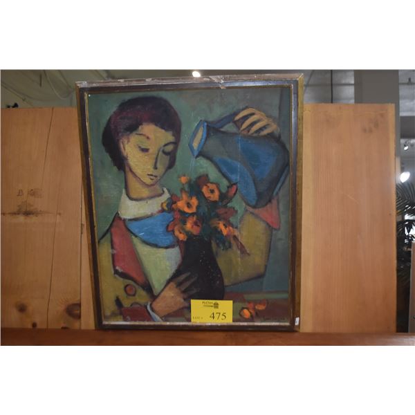 FRAMED OIL ON CANVAS, LADY WATERING FLOWERS; SIGNED SIDNEE LIVINGSTON (21 3/4" X 25 3/4")
