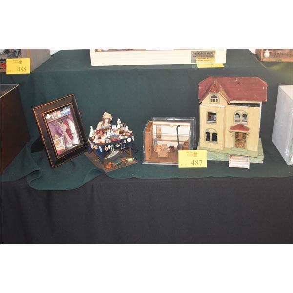 FRAMED SHADOW BOX DIORAMA OF A CLOSET, PEDDLER DOLL W/TABLE OF WARES, SMALL WOODEN DIORAMA OF COUNTR