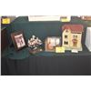 Image 1 : FRAMED SHADOW BOX DIORAMA OF A CLOSET, PEDDLER DOLL W/TABLE OF WARES, SMALL WOODEN DIORAMA OF COUNTR