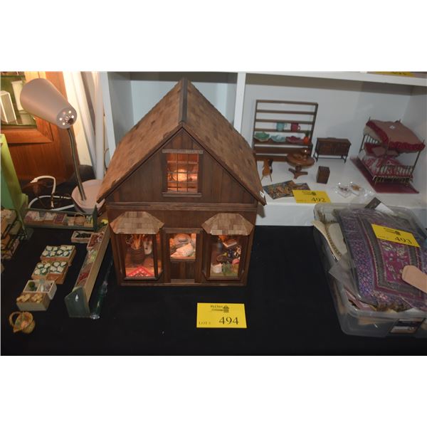 VINTAGE WOODEN DOLLHOUSE DIORAMA FEATURING A RUSTIC STORE (LIGHTED)