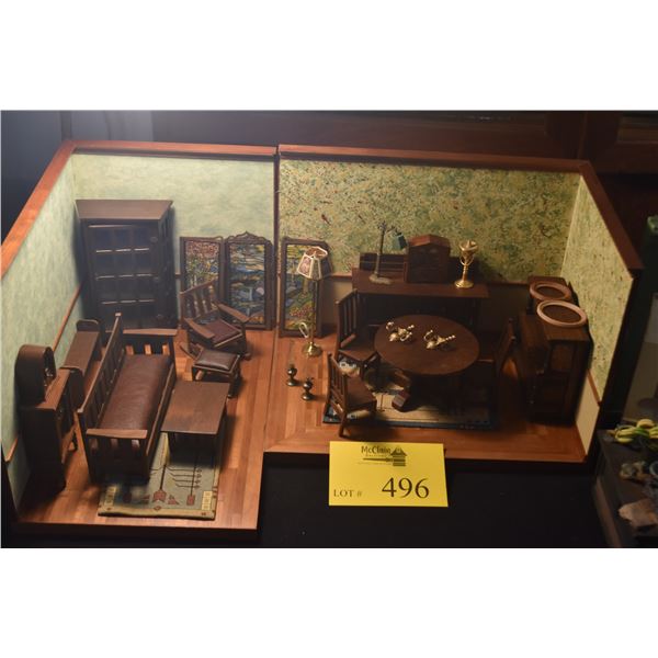 COLLECTION OF MISSION STYLE DOLLHOUSE FURNITURE (2 ROOMS) (MANY SIGNED)