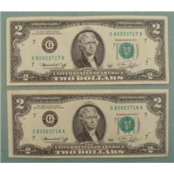 2) 1976 Consecutive # $2 Bills CU G Mint Mark Chicago