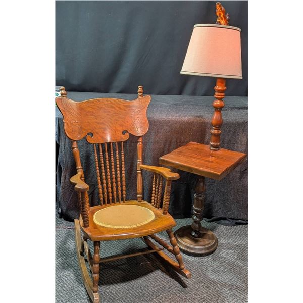 Wooden Rocking Chair with Spindle Back and Wood-Base Floor Lamp with Table