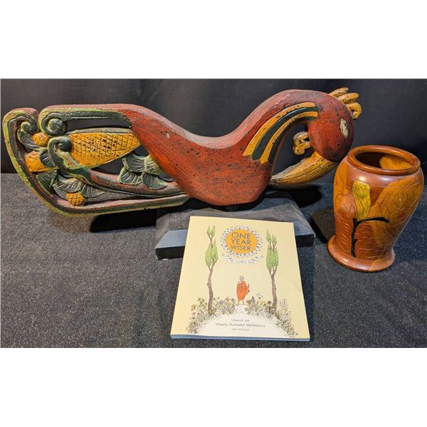 Wooden Hand-Carved Bird Sculpture, Floral-Carved Wooden Vase, and Unused Coloring Book