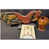 Image 1 : Wooden Hand-Carved Bird Sculpture, Floral-Carved Wooden Vase, and Unused Coloring Book