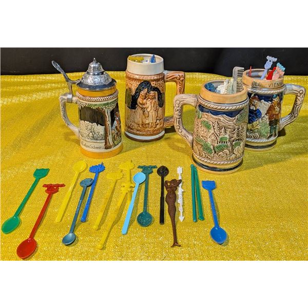West German Mug with Metal Lid, Three Additional Mugs, and Stir Stick Collection