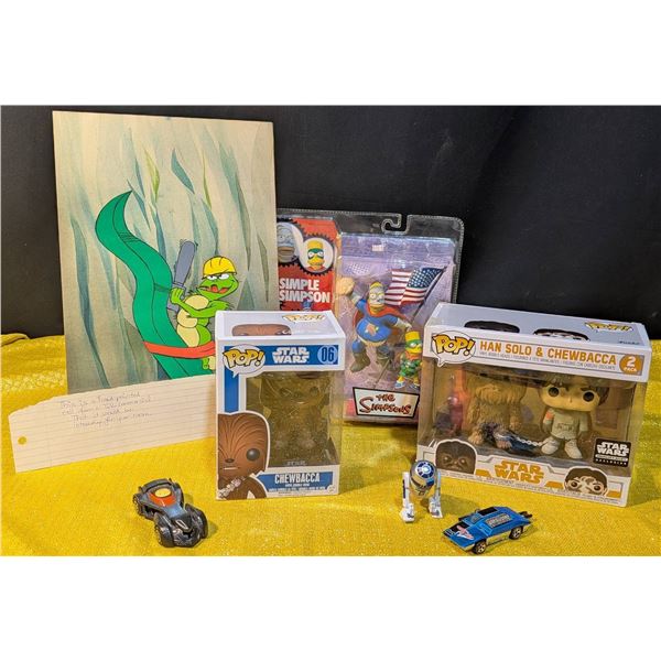 Collection: Hand-Painted TV Animation Cell, Funko Pop Figures, and 1970s Hot Wheel Cars