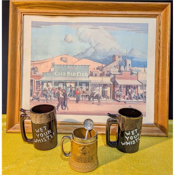 Framed Print of a Street Scene, Stoneware Tankard, and Two Mugs