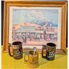 Image 1 : Framed Print of a Street Scene, Stoneware Tankard, and Two Mugs