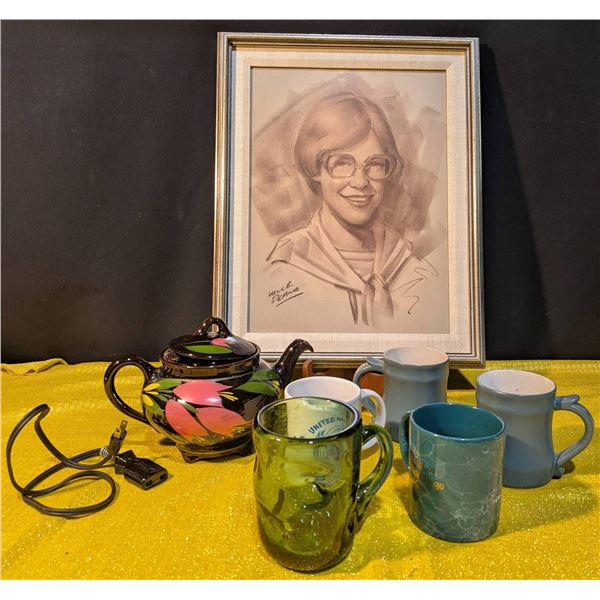 Ceramic Kettle, Glass Mugs, and Signed Portrait