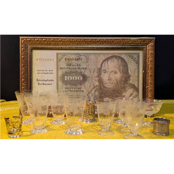 Etched Glassware, Framed Replica Banknote, and Metalwares Set