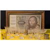 Image 1 : Etched Glassware, Framed Replica Banknote, and Metalwares Set