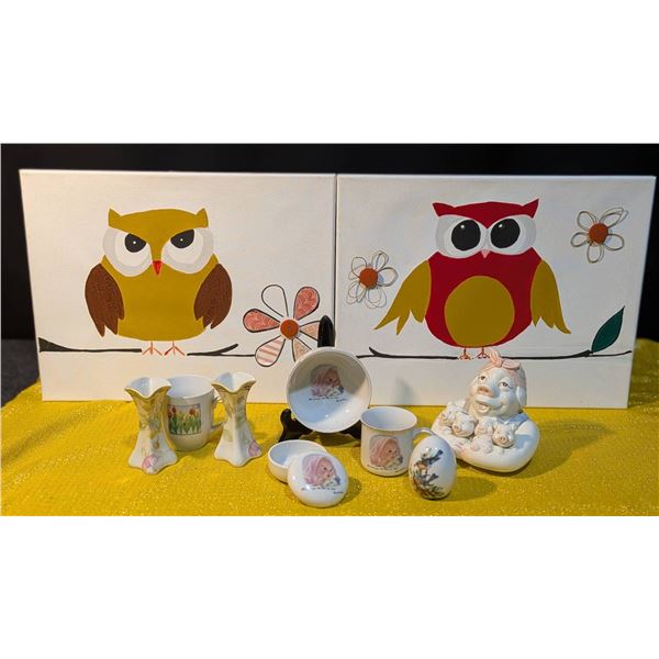 Handmade Owl Canvas Art with Ceramic Baby Collectibles