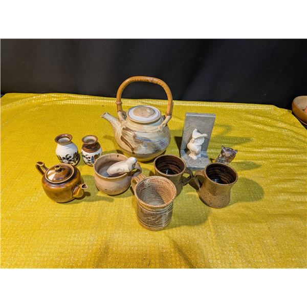 Clay Coffee Mugs, Bamboo-Handled Teapot, and Decorative Items