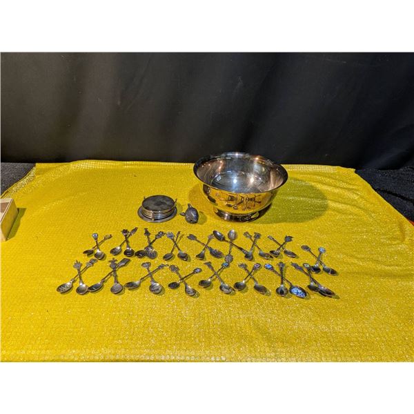 Burkes EP Brass Bowl with Coasters and Assorted Souvenir Spoons