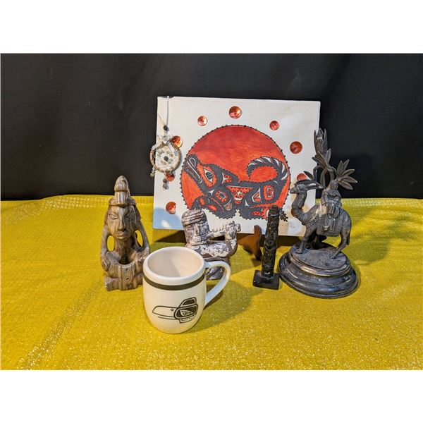 Region Decor Lot Featuring Indigenous Canvas and Middle Eastern Statue