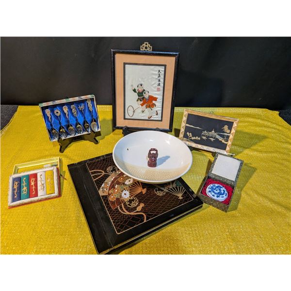 Asian-Inspired Lot with Decorative Dish, Art, and Souvenirs